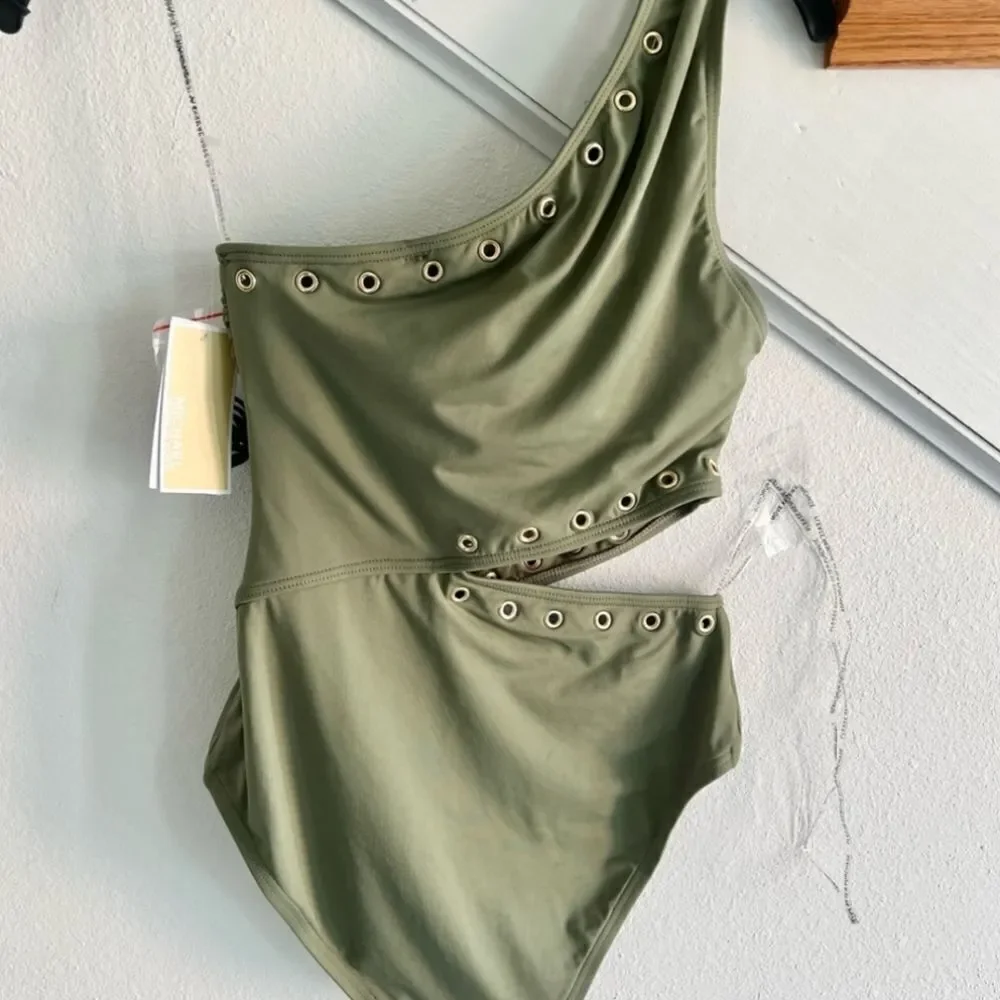 Michael Kors One Shoulder Cutout Side woman swimsuit with gold grommets size 12